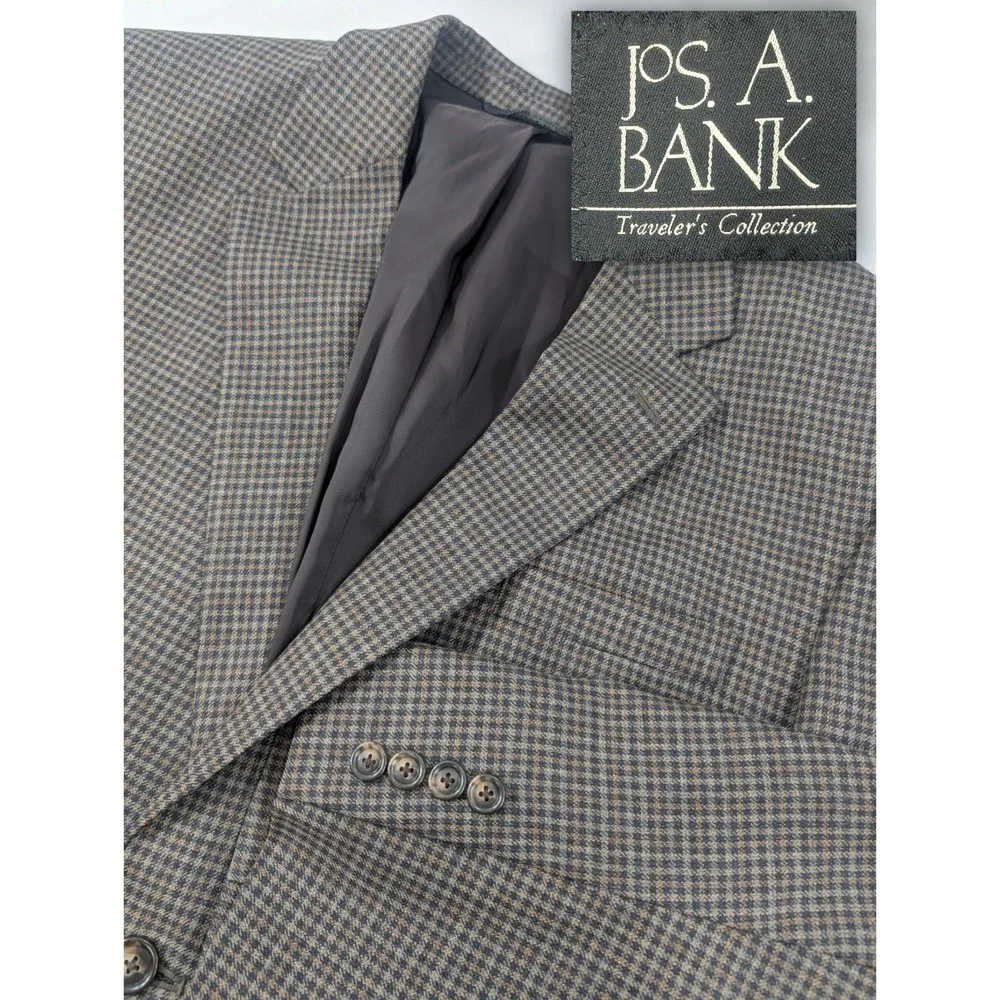 Jos. A Bank Blazer Sport Jacket 100% Wool Gray Gingham Plaid 42S 44